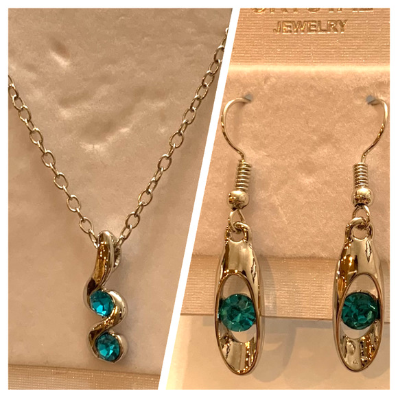 Earrings Necklace Set Silver Tone Metal with Blue Jewel Stones - Picture 2 of 8